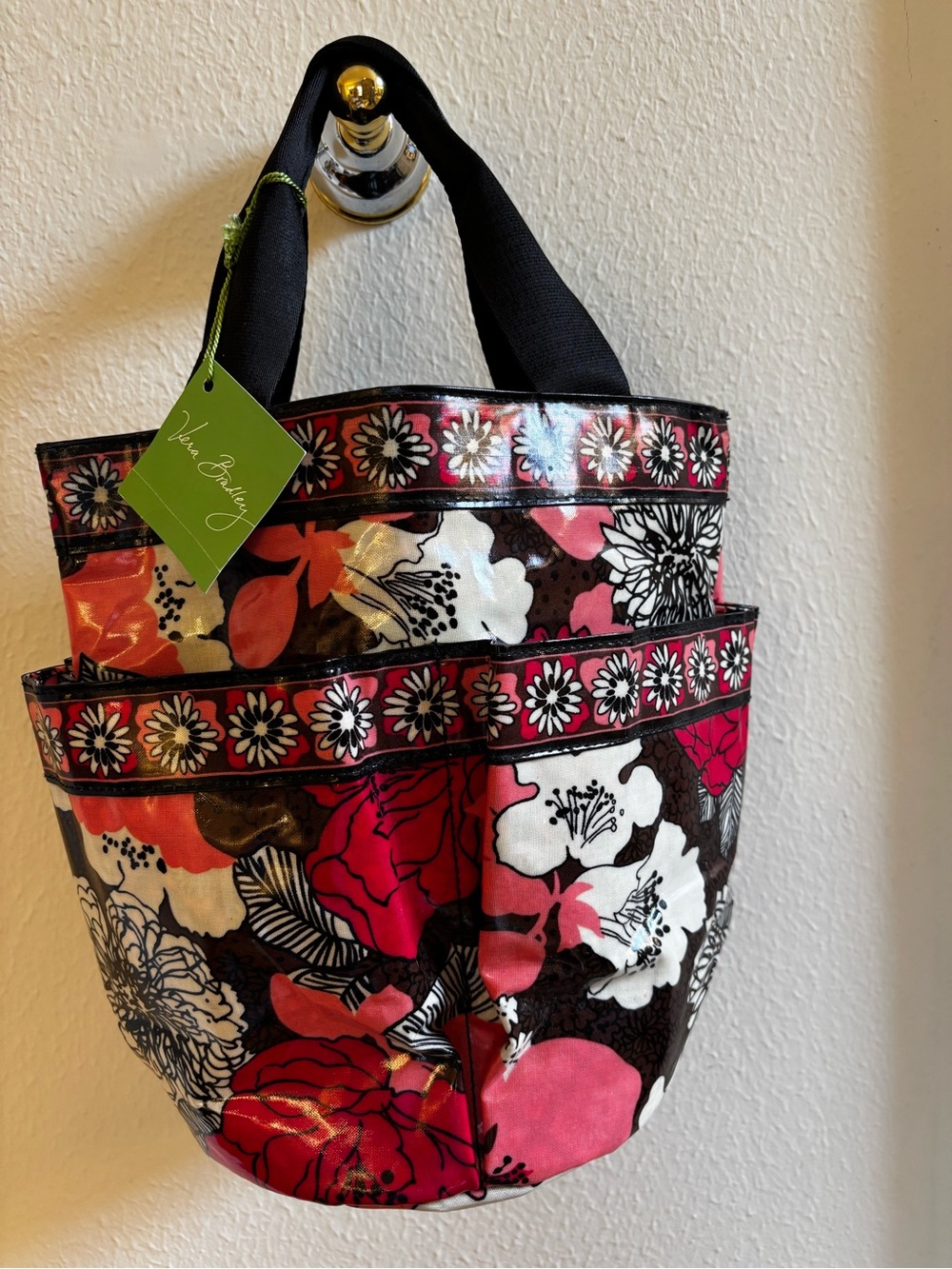 Vera Bradley Black Floral Coated Tote with Pink and White Blossoms